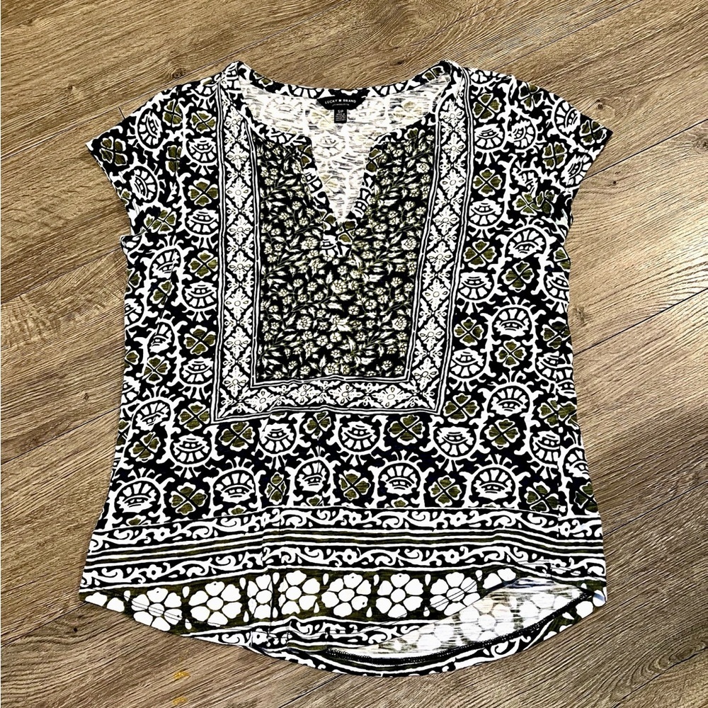 Lucky Brand Boho Floral Print Top Navy Olive White – Size Small​